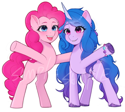 Size: 2300x2048 | Tagged: safe, artist:xiaowu07, derpibooru exclusive, izzy moonbow, pinkie pie, earth pony, pony, unicorn, g4, g5, cute, duo, duo female, female, high res, hug, izzy and her heroine, looking at you, mare, sample, simple background, smiling, smiling at you, white background