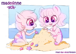 Size: 4093x2894 | Tagged: safe, artist:madelinne, anthro, beach, chibi, clothes, cloud, commission, cute, duo, sandcastle, sky, swimsuit, water, your character here