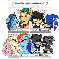 Size: 1879x1879 | Tagged: safe, artist:funnyk16, fluttershy, hitch trailblazer, misty brightdawn, rainbow dash, sparky sparkeroni, dragon, earth pony, hedgehog, pegasus, pony, unicorn, g5, amy rose, blushing, fanart mashup challenge, female, flower, flower in hair, gay, lesbian, looking at each other, looking at someone, male, mare, nervous sweat, shadow the hedgehog, sheriff's badge, ship:flutterdash, ship:mistytrail, shipping, simple background, sonic the hedgehog, sonic the hedgehog (series), stallion, straight, unamused, white background