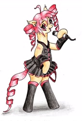 Size: 1926x2840 | Tagged: safe, artist:40kponyguy, derpibooru exclusive, earth pony, pony, bipedal, clothes, colored pencil drawing, ear fluff, female, hoof hold, kasane teto, looking at you, mare, microphone, pigtails, pleated skirt, ponified, simple background, skirt, solo, traditional art, vocaloid, white background, zettai ryouiki
