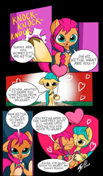 Size: 642x1092 | Tagged: safe, artist:25ultragamer, hitch trailblazer, sunny starscout, earth pony, pony, g5, bag, balloon, black background, braid, braided ponytail, comic, cute, dialogue, duo, duo male and female, female, heart, heart balloon, hitchbetes, holiday, knocking, male, mare, ponytail, saddle bag, sheriff's badge, shipping, simple background, snuggling, stallion, straight, sunnybetes, sunnyhitch, valentine's day