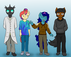 Size: 2953x2362 | Tagged: safe, artist:thatsbadboi, oc, oc only, oc:calm field, oc:lorad, oc:sivia, oc:tandem, changeling, earth pony, unicorn, anthro, anthro oc, gradient background, high res, walking