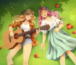 Size: 2048x1744 | Tagged: safe, artist:applesartt, applejack, fluttershy, human, g4, apple, clothes, cottagecore, dress, duo, duo female, eyes closed, female, flannel shirt, food, guitar, humanized, lesbian, lying down, musical instrument, on back, playing instrument, ship:appleshy, shipping, shirt, shorts, smiling