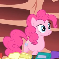 Size: 522x523 | Tagged: safe, screencap, pinkie pie, earth pony, pony, g4, season 1, sonic rainboom (episode), book, cropped, female, golden oaks library, indoors, mare, pile of books, smiling, solo, standing