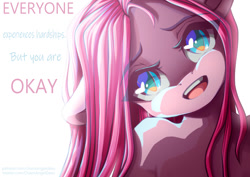 Size: 1000x707 | Tagged: safe, artist:chaosangeldesu, pinkie pie, earth pony, pony, semi-anthro, g4, bust, looking at you, open mouth, open smile, pinkamena diane pie, portrait, positive ponies, smiling, smiling at you, solo, text