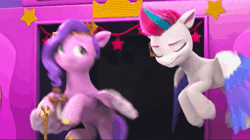 Size: 1920x1076 | Tagged: safe, screencap, pipp petals, zipp storm, pegasus, pony, a little horse, g5, my little pony: make your mark, my little pony: make your mark chapter 4, spoiler:g5, spoiler:my little pony: make your mark, spoiler:my little pony: make your mark chapter 4, spoiler:mymc04e06, animated, female, flying, grabbing, mare, microphone, ominous, scared, sick, sound, stage, webm, whimpering, worried, zoomed in