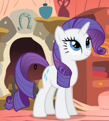 Size: 690x765 | Tagged: safe, screencap, rarity, pony, unicorn, g4, look before you sleep, season 1, cropped, female, golden oaks library, hooves, indoors, looking up, mare, smiling, solo, standing