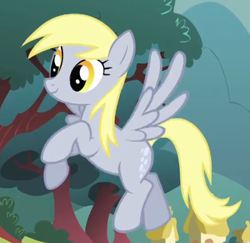 Size: 438x426 | Tagged: safe, screencap, derpy hooves, pegasus, pony, g4, look before you sleep, season 1, cropped, female, flying, hooves, mare, smiling, solo, spread wings, wings