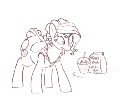 Size: 1614x1420 | Tagged: safe, artist:sirmasterdufel, oc, oc only, oc:claire, earth pony, pony, apron, chubby, clothes, drool, drool string, grimace shake, mcdonald's, meme, monochrome, simple background, sketch, solo, white background