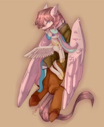 Size: 1767x2160 | Tagged: artist needed, source needed, safe, princess celestia, oc, oc:light knight, alicorn, pegasus, pony, g4, beard, celestia plushie, clothes, disco elysium, facial hair, harrier du bois, plushie, pony plushie, sad, solo