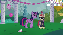 Size: 2000x1125 | Tagged: safe, edit, edited screencap, editor:quoterific, screencap, moondancer, twilight sparkle, alicorn, pony, unicorn, amending fences, g4, season 5, angry, balloon, female, hat, mare, party hat, twilight sparkle (alicorn)