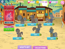 Size: 2048x1536 | Tagged: safe, gameloft, idw, chief stablemaker, clay forge, hot air, tadwell, walky taffy, earth pony, pony, g4, my little pony: magic princess, official, aviator goggles, bowtie, clothes, coin, collection, costs real money, earpiece, english, facial hair, female, gem, glasses, goggles, group, hat, helmet, idw showified, male, mare, mining helmet, mobile game, moustache, numbers, scarf, shirt, stallion, text, timer, unnamed character, unnamed pony