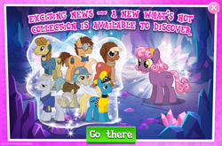 Size: 1965x1300 | Tagged: safe, gameloft, idw, chief stablemaker, clay forge, hot air, tadwell, earth pony, pony, g4, my little pony: magic princess, official, advertisement, aviator goggles, bowtie, clothes, collection, earpiece, english, facial hair, female, glasses, goggles, group, hat, helmet, idw showified, male, mare, mining helmet, mobile game, moustache, numbers, scarf, shirt, stallion, text, unnamed character, unnamed pony, walky taffy