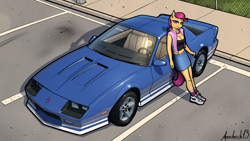 Size: 2045x1150 | Tagged: safe, artist:apocheck13, scootaloo, pegasus, anthro, g4, car, chevrolet, chevrolet camaro, clothes, grass, leaning back, looking at you, parking lot