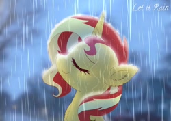 Size: 1600x1131 | Tagged: safe, artist:jaanhavi, sunset shimmer, pony, unicorn, g4, chest fluff, eyes closed, female, mare, nose in the air, rain, smiling, solo