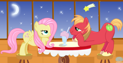 Size: 748x384 | Tagged: safe, artist:aquasparkles, big macintosh, fluttershy, earth pony, pegasus, pony, g4, date, drink, female, looking at each other, looking at someone, male, mare, milkshake, moon, night, restaurant, ship:fluttermac, shipping, smiling, smiling at each other, stallion, straight