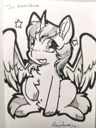 Size: 2526x3368 | Tagged: safe, artist:rainbowwing, oc, oc only, oc:noctr cassius, alicorn, pony, alicorn oc, ear fluff, female, high res, horn, looking at you, mare, monochrome, photo, raised hoof, simple background, solo, spread wings, stars, traditional art, white background, wings