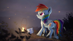 Size: 3840x2160 | Tagged: safe, artist:psfmer, rainbow dash, firefly (insect), insect, pegasus, pony, g4, 3d, bag, butt, female, fog, high res, lantern, mare, plot, saddle bag, solo, source filmmaker, unshorn fetlocks