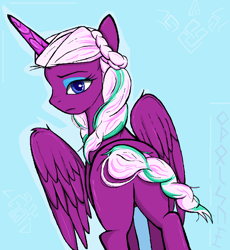 Size: 790x860 | Tagged: safe, artist:sallycars, opaline arcana, alicorn, pony, g5, blue background, butt, evilbutt, female, legitimately amazing mspaint, looking at you, looking back, looking back at you, mare, ms paint, opal-ass, outline, palindrome get, partially open wings, plot, simple background, solo, spread wings, standing, turned head, unamused, wings
