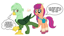 Size: 1192x670 | Tagged: safe, artist:gregory-the-griffon, sunny starscout, oc, oc:gregory griffin, earth pony, griffon, pony, g5, annoyed, bag, coat markings, colored hooves, digital art, duo, duo male and female, female, fluttershy's cutie mark, frown, griffon oc, holding, male, mare, open mouth, paws, rainbow dash's cutie mark, saddle bag, simple background, socks (coat markings), speech bubble, text, thought bubble, transparent background, twilight sparkle's cutie mark, unamused, unshorn fetlocks, wings