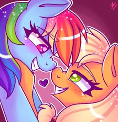 Size: 1238x1280 | Tagged: safe, artist:galaxy swirl, applejack, rainbow dash, earth pony, pegasus, pony, g4, blushing, boop, duo, duo female, female, grin, heart, heart eyes, lesbian, looking at each other, looking at someone, mare, nose wrinkle, noseboop, ship:appledash, shipping, smiling, wingding eyes