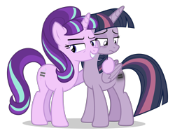 Size: 6300x4800 | Tagged: safe, alternate version, artist:gypsykumquat, starlight glimmer, twilight sparkle, alicorn, pony, unicorn, g4, .svg available, absurd resolution, alternate hairstyle, cheek bulge, cheek squish, depressed, duo, duo female, equal cutie mark, equality, equalized, female, floppy ears, inkscape, mare, our town, s5 starlight, show accurate, simple background, smug, smuglight glimmer, squishy cheeks, svg, transparent background, vector
