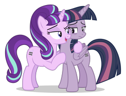 Size: 6300x4800 | Tagged: safe, alternate version, artist:gypsykumquat, starlight glimmer, twilight sparkle, alicorn, pony, unicorn, g4, .svg available, absurd resolution, alternate hairstyle, cheek bulge, cheek squish, depressed, desaturated, duo, duo female, egalitarianism, equal cutie mark, equality, equalized, female, floppy ears, inkscape, mare, our town, s5 starlight, show accurate, simple background, smug, smuglight glimmer, squishy cheeks, svg, transparent background, vector