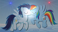 Size: 750x421 | Tagged: safe, artist:barrfind, rainbow dash, soarin', pegasus, pony, g4, duo, eyes closed, female, flying, kiss on the lips, kissing, male, mare, ship:soarindash, shipping, stallion, straight, wallpaper