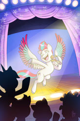 Size: 2751x4175 | Tagged: safe, artist:abby bulmer, idw, official comic, zipp storm, pegasus, pony, unicorn, g5, official, audience, comic cover, cover, cover art, crowd, curtains, female, flying, high res, mare, microphone, offscreen character, silhouette, stage, swapped cutie marks, textless