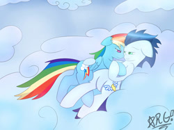 Size: 750x561 | Tagged: safe, artist:wolfbaloo, rainbow dash, soarin', pegasus, pony, g4, cloud, female, male, mare, ship:soarindash, shipping, stallion, straight