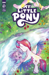 Size: 2063x3131 | Tagged: safe, artist:sophillia, official comic, milkyway, pipp petals, zipp storm, bee, insect, pegasus, pony, snail, wishing well nymph, g5, idw, official, spoiler:comic, spoiler:g5comic, spoiler:g5comic19, colored hooves, comic cover, diadem, feathered fetlocks, female, flower, grass, headband, high res, jewelry, looking at someone, mare, my little pony logo, open mouth, reflection, regalia, river, royal sisters (g5), siblings, silver hooves, sisters, spread wings, swapped cutie marks, unaware, unnamed character, unshorn fetlocks, water, wings