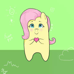 Size: 1920x1920 | Tagged: safe, artist:bigmike, fluttershy, g4, abstract background, among us, blushing, cute, green background, heart, shyabetes, signature, smiling, solo, when you see it