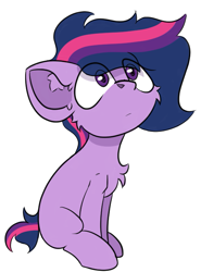 Size: 513x692 | Tagged: safe, artist:cotarsis, twilight sparkle, earth pony, pony, g4, cheek fluff, chest fluff, ear fluff, looking up, missing cutie mark, simple background, sitting, sketch, solo, three quarter view, white background
