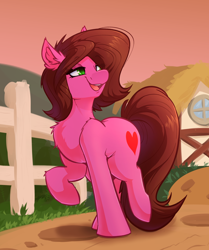 Size: 3024x3624 | Tagged: safe, alternate version, artist:witchtaunter, oc, oc only, oc:rose bloom, earth pony, pony, chest fluff, commission, commissioner:reversalmushroom, ear fluff, earth pony oc, high res, house, lidded eyes, outdoors, path, raised hoof, smiling, solo, sunset