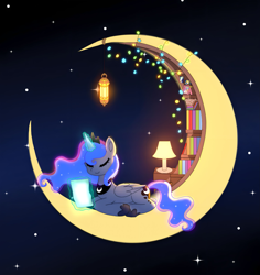 Size: 2131x2262 | Tagged: safe, artist:jaanhavi, princess luna, alicorn, pony, g4, book, bookshelf, crescent moon, cute, dreamworks, ethereal mane, ethereal tail, eyes closed, female, glowing, glowing horn, high res, horn, lamp, lantern, levitation, library, lunabetes, magic, mare, moon, night, solo, starry mane, starry tail, stars, tail, tangible heavenly object, telekinesis