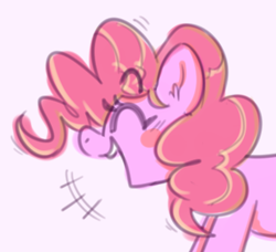 Size: 405x370 | Tagged: safe, artist:blex, pinkie pie, earth pony, pony, g4, blush sticker, blushing, cheerful, colored, emanata, eyebrows, eyebrows visible through hair, eyes closed, female, half body, happy, laughing, mare, open mouth, open smile, profile, side view, simple background, smiling, solo, white background