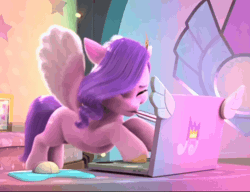 Size: 1070x820 | Tagged: safe, edit, edited screencap, screencap, pipp petals, pegasus, pony, a little horse, g5, my little pony: make your mark, my little pony: make your mark chapter 4, spoiler:g5, spoiler:my little pony: make your mark, spoiler:my little pony: make your mark chapter 4, spoiler:mymc04e06, animated, computer, computer mouse, female, flapping wings, gif, laptop computer, loop, mare, mousepad, reversed, solo, stained glass, thermometer, wings