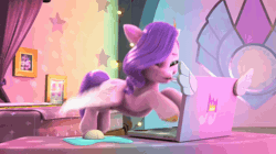 Size: 1920x1072 | Tagged: safe, screencap, pipp petals, zipp storm, pegasus, pony, a little horse, g5, my little pony: make your mark, my little pony: make your mark chapter 4, spoiler:g5, spoiler:my little pony: make your mark, spoiler:my little pony: make your mark chapter 4, spoiler:mymc04e06, animated, bed, bedroom, computer, computer mouse, curtains, female, filly, filly pipp petals, filly zipp storm, gif, laptop computer, mare, mousepad, royal sisters (g5), siblings, sick, sisters, stained glass, thermometer, typing, younger