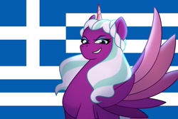 Size: 2560x1707 | Tagged: safe, artist:garyfishersr, edit, opaline arcana, alicorn, pony, g5, my little pony: make your mark, my little pony: tell your tale, antagonist, evil grin, eyeshadow, fan theory, female, flag, flag background, greece, grin, looking at you, makeup, mare, smiling, smiling at you, solo, spread wings, villainess, wings
