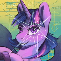 Size: 2500x2500 | Tagged: safe, artist:miramore, twilight sparkle, alicorn, pony, g4, cool, digital art, effects, gradient background, high res, horn, krita, looking at you, math, profile picture, purple eyes, smiling, smiling at you, solo, sparkles, spread wings, twilight sparkle (alicorn), wings