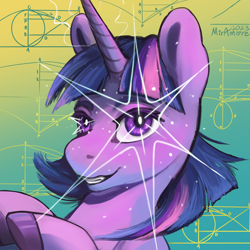 Size: 2500x2500 | Tagged: safe, alternate version, artist:miramore, twilight sparkle, pony, unicorn, g4, cool, cute, digital art, effects, flowing mane, gradient background, high res, horn, krita, looking at you, math, profile picture, purple eyes, raised hoof, smiling, smiling at you, solo, sparkles, unicorn twilight