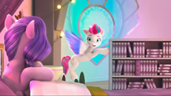 Size: 2388x1346 | Tagged: safe, screencap, pipp petals, zipp storm, pegasus, pony, a little horse, g5, my little pony: make your mark, my little pony: make your mark chapter 4, spoiler:g5, spoiler:my little pony: make your mark, spoiler:my little pony: make your mark chapter 4, spoiler:mymc04e06, bed, bedroom, book, bookshelf, chronicles of chevalia, duo, female, lights, mare, spread wings, stained glass, wings