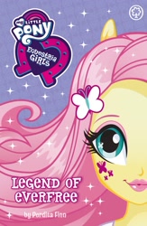 Size: 1519x2327 | Tagged: safe, fluttershy, equestria girls, g4, my little pony equestria girls: legend of everfree, official, book cover, cover, cutie mark eyes, cutie mark on equestria girl, equestria girls logo, eyeshadow, female, flowing hair, hairclip, lipstick, makeup, my little pony logo, orchard books, perdita finn, ponied up, pony ears, solo, sparkles, wingding eyes