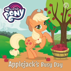 Size: 1940x1949 | Tagged: safe, applejack, earth pony, pony, g4, official, apple, apple orchard, apple tree, applejack's busy day, barrel, board book, book cover, cloud, cover, female, food, freckles, lidded eyes, mare, my little pony logo, orchard, orchard books, outdoors, rearing, smiling, solo, stock vector, sweet apple acres, text, tree