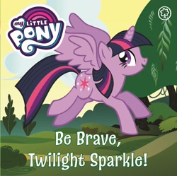 Size: 1953x1949 | Tagged: safe, twilight sparkle, alicorn, pony, g4, official, be brave twilight sparkle, board book, book cover, bush, cloud, cover, eyes open, female, flying, mare, my little pony logo, open mouth, orchard books, outdoors, path, solo, spread wings, stock vector, text, tree, twilight sparkle (alicorn), wings