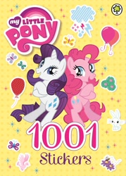 Size: 1772x2481 | Tagged: safe, angel bunny, pinkie pie, rarity, bee, bird, butterfly, earth pony, insect, pony, rabbit, unicorn, g4, official, 1001 stickers, animal, balloon, bipedal, book cover, cover, crossed legs, duo, duo female, female, flower, lightning, mare, my little pony logo, open mouth, orchard books, rain, sparkles, sticker, stock vector, text