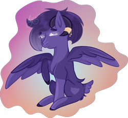 Size: 3140x2891 | Tagged: safe, artist:thecommandermiky, oc, oc only, oc:miky command, deer, deer pony, hybrid, original species, pegasus, pony, deer oc, deer tail, happy, high res, horn, horn jewelry, jewelry, looking at you, non-pony oc, pegasus oc, purple eyes, purple hair, purple mane, raised hoof, simple background, sitting, smiling, solo, spread wings, tail, wings
