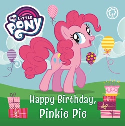Size: 1531x1536 | Tagged: safe, pinkie pie, earth pony, pony, g4, official, balloon, birthday cake, board book, book cover, cake, candle, cloud, cover, female, field, food, happy birthday pinkie pie, mare, my little pony logo, open mouth, orchard books, outdoors, plate, present, raised hoof, raised leg, smiling, solo, stock vector, text