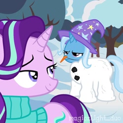 Size: 1080x1080 | Tagged: safe, artist:magicalight_duo, starlight glimmer, trixie, pony, unicorn, g4, female, snow, snowpony, trixie is not amused, unamused, winter