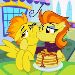 Size: 1080x1080 | Tagged: artist needed, source needed, safe, spitfire, stormy flare, pegasus, pony, g4, cheek kiss, duo, female, food, kissing, mare, mother and child, mother and daughter, one eye closed, pancakes, squishy cheeks